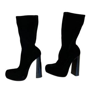 Alexander Wang black velvet pull on chunky heel platform sock Boots 37